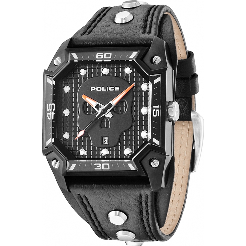 Police Mens Wildcard Black Leather Strap Watch