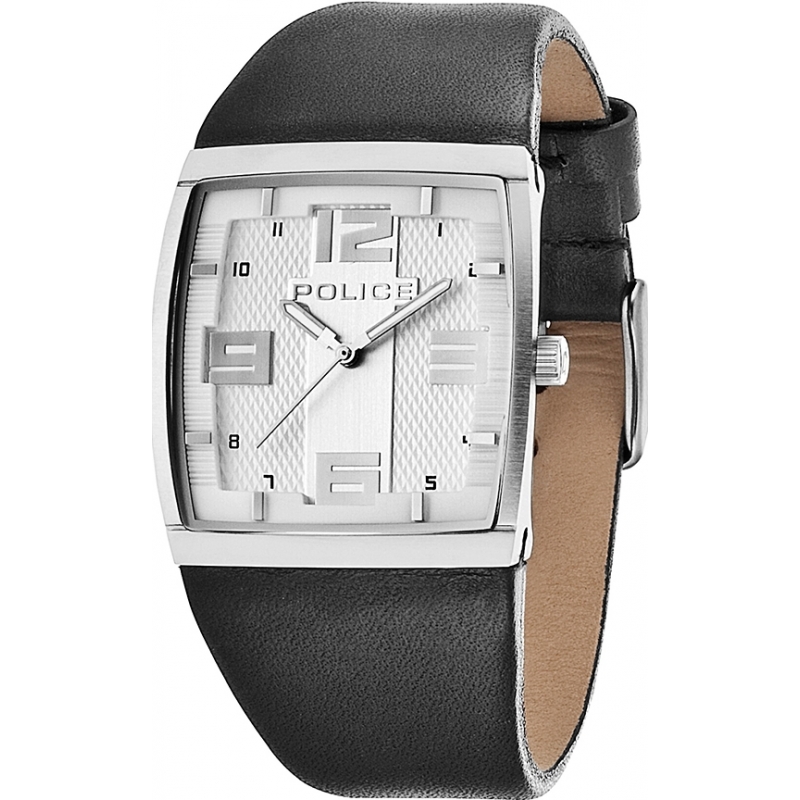 Police Vision X Silver and Black Leather Strap Watch