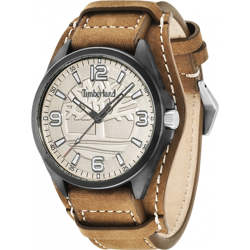 Timberland Mens Sebbins Beige Brown Leather Strap Watch