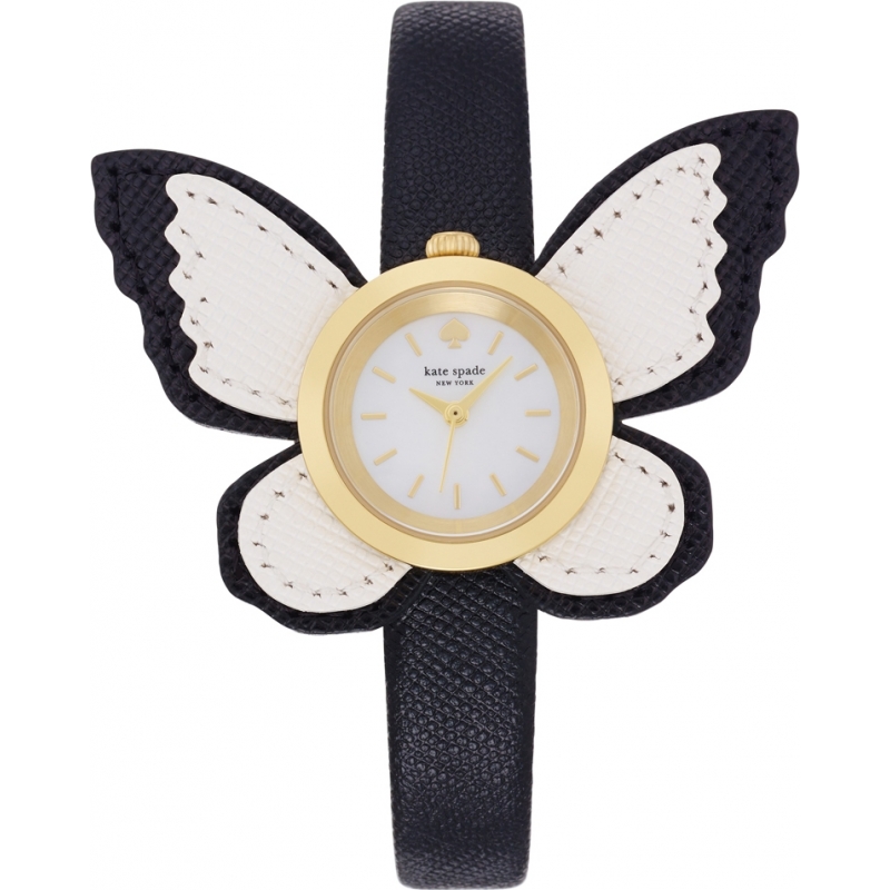 Kate Spade Ladies Novelty Metro Black Saffiano Leather Watch with Cream Butterfly Wings