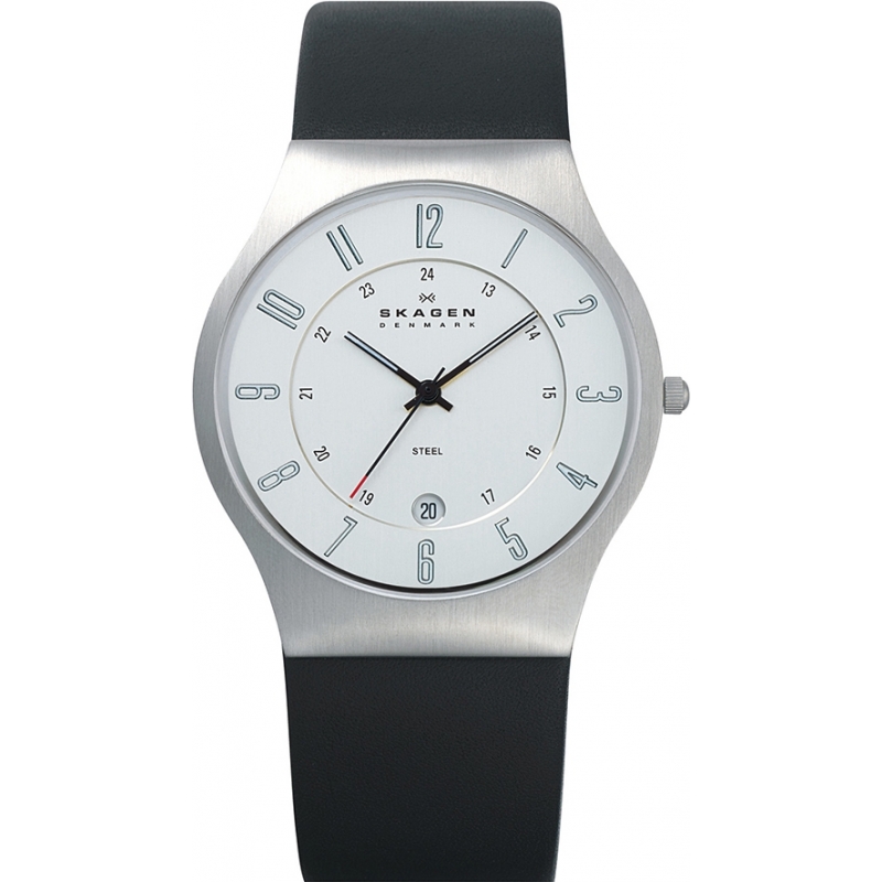 Skagen Mens Klassik Chrome and Black Leather Strap Watch