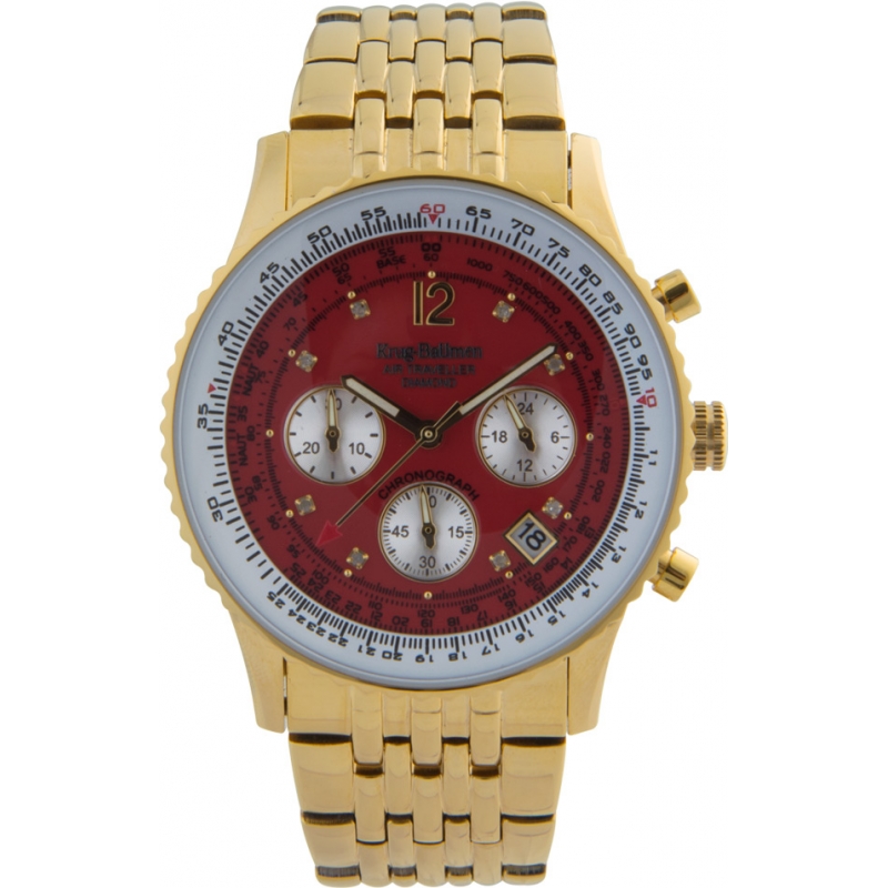 Krug Baumen Air Traveller Red Dial Steel-Gold Strap