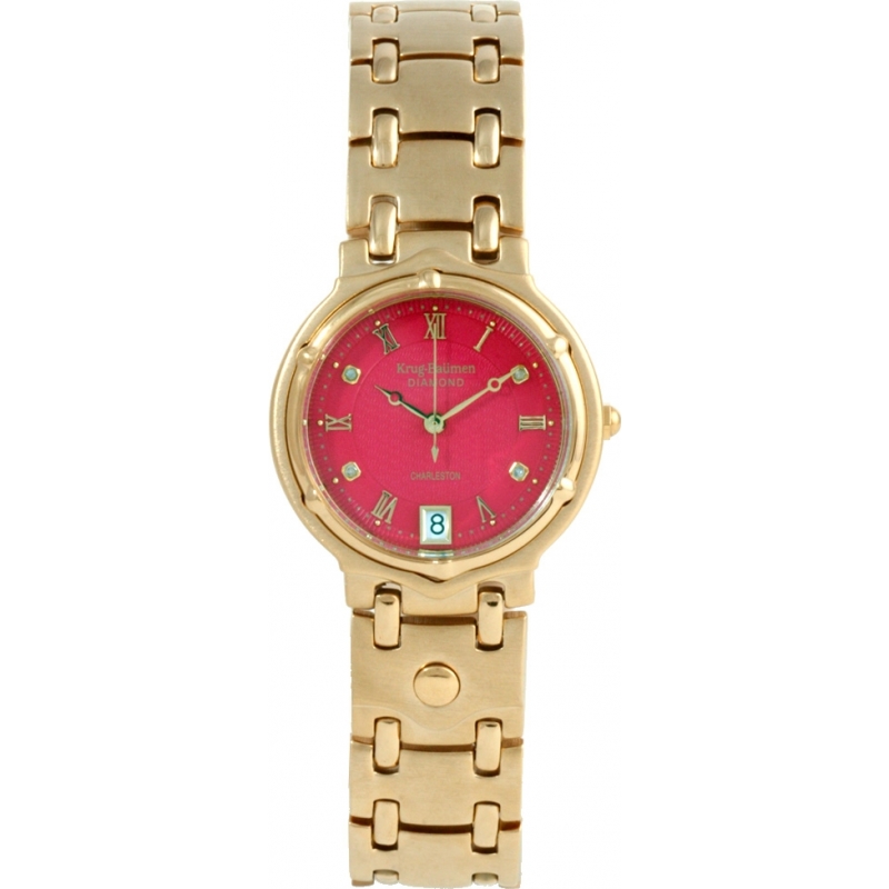 Krug Baumen Charleston 4 Diamond Red Dial Gold Strap