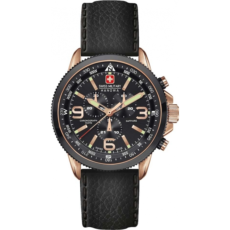 Swiss Military Mens Arrow Chrono Rose Gold Plated Black Watch