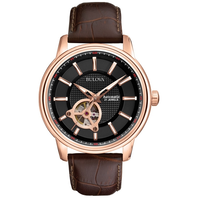 Bulova Mens Rose Gold Brown Mechanical Watch