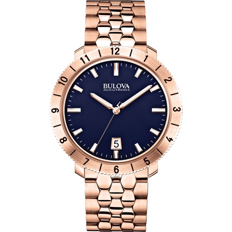 Bulova Mens BA II Rose Gold Steel Bracelet Watch