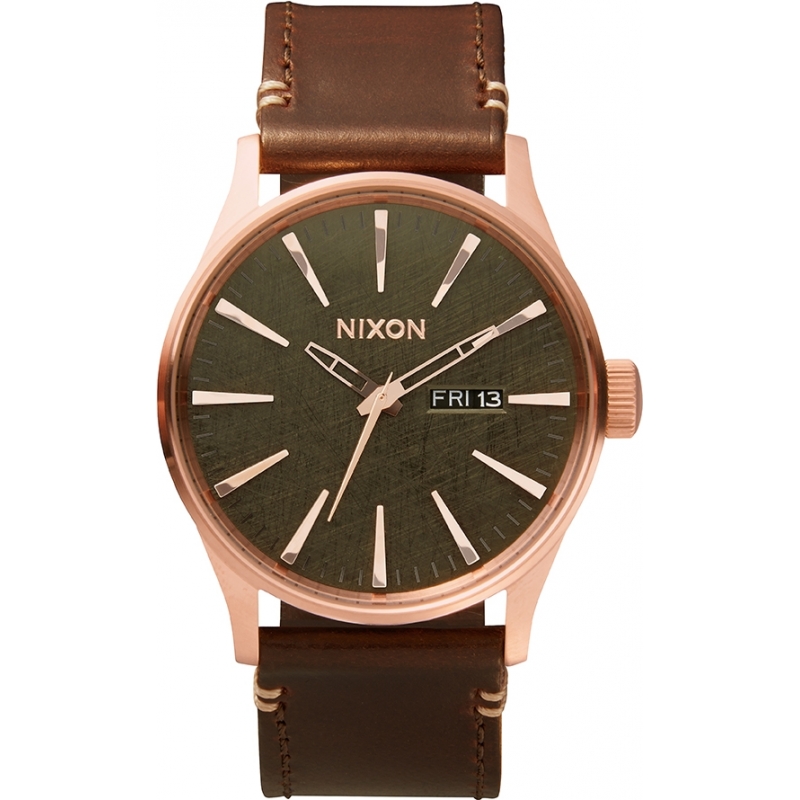 Nixon Mens Sentry Leather Rose Gold Gunmetal Brown Watch