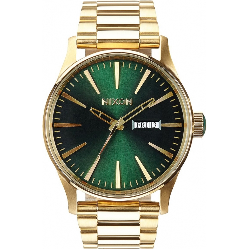Nixon Mens Sentry SS Gold Green Sunray Watch