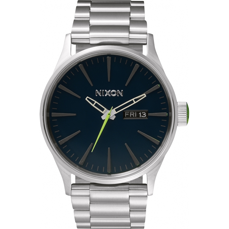 Nixon Mens Sentry SS Midnight Blue Volt Green Watch