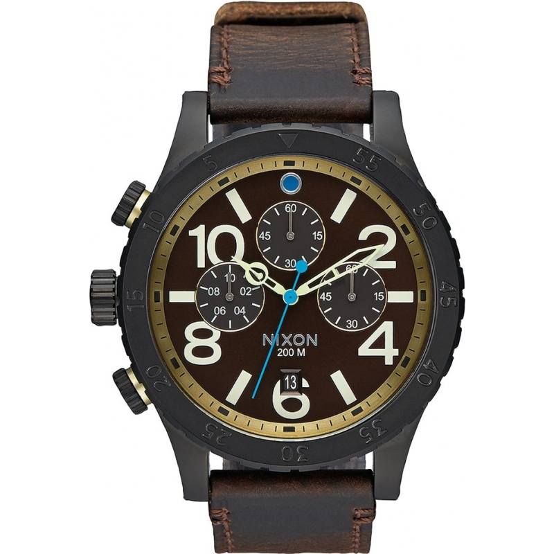 Nixon Mens 48-20 Chrono All Black Brass Brown Leather Watch