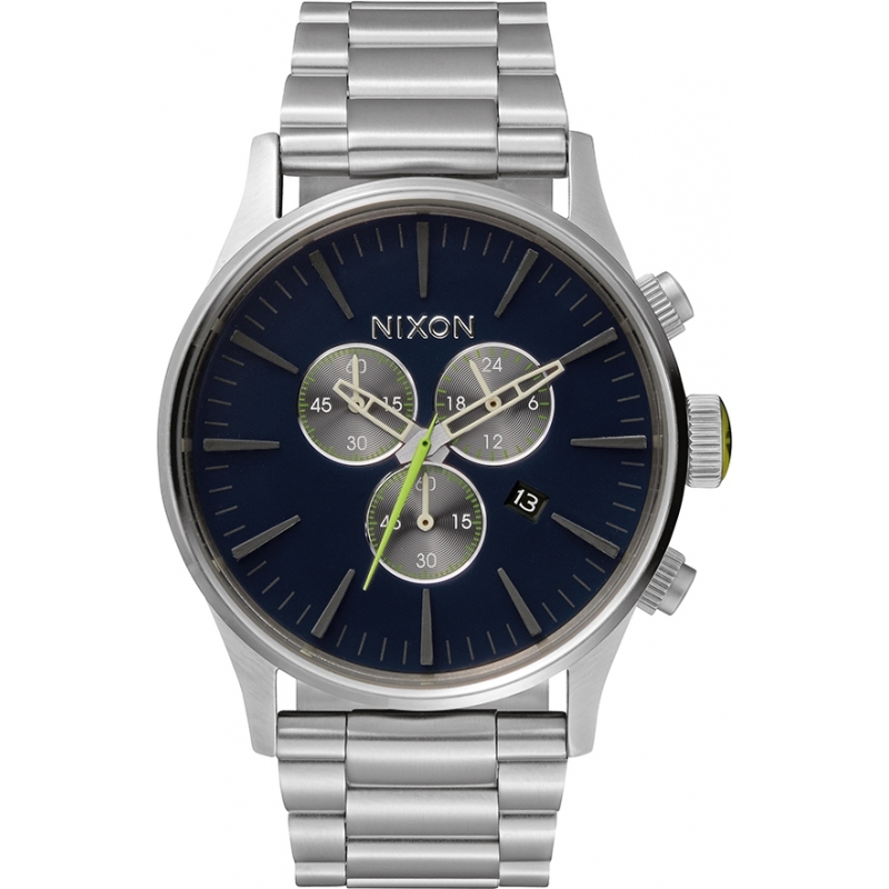 Nixon Mens Sentry Chrono Midnight Blue Volt Green Watch