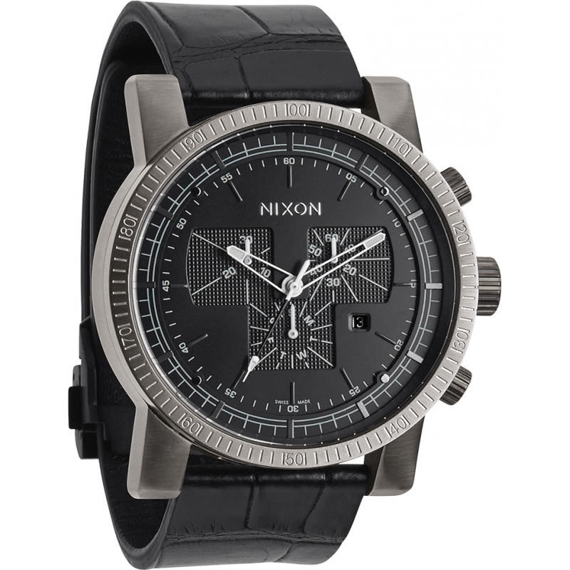 Nixon Mens Magnacon Leather II Black Gator Watch