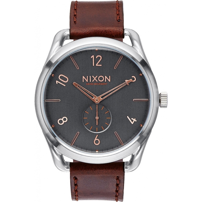 Nixon Mens C45 Gray Rose Gold Horween Leather Watch