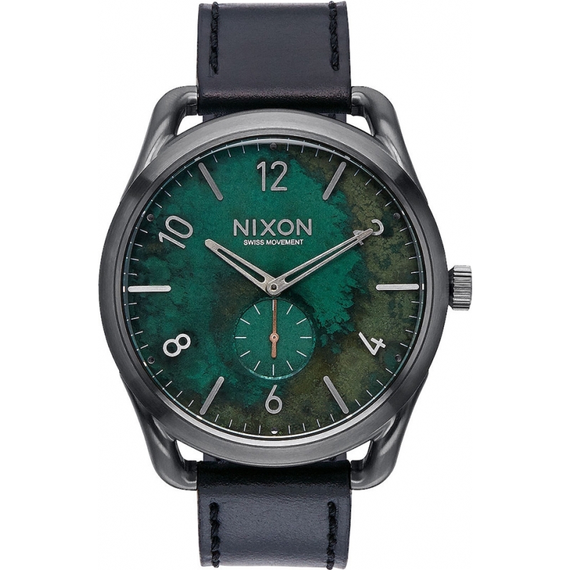 Nixon Mens C45 Gunmetal Green Oxyde Horween Leather Watch