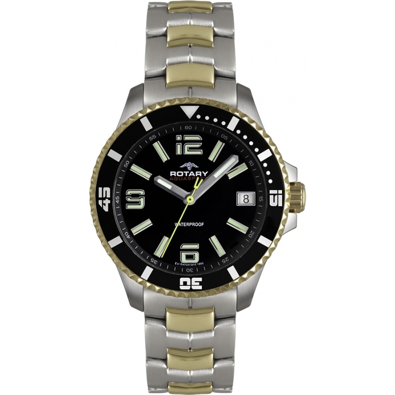 Rotary Mens Aquaspeed Black Steel Gold Watch