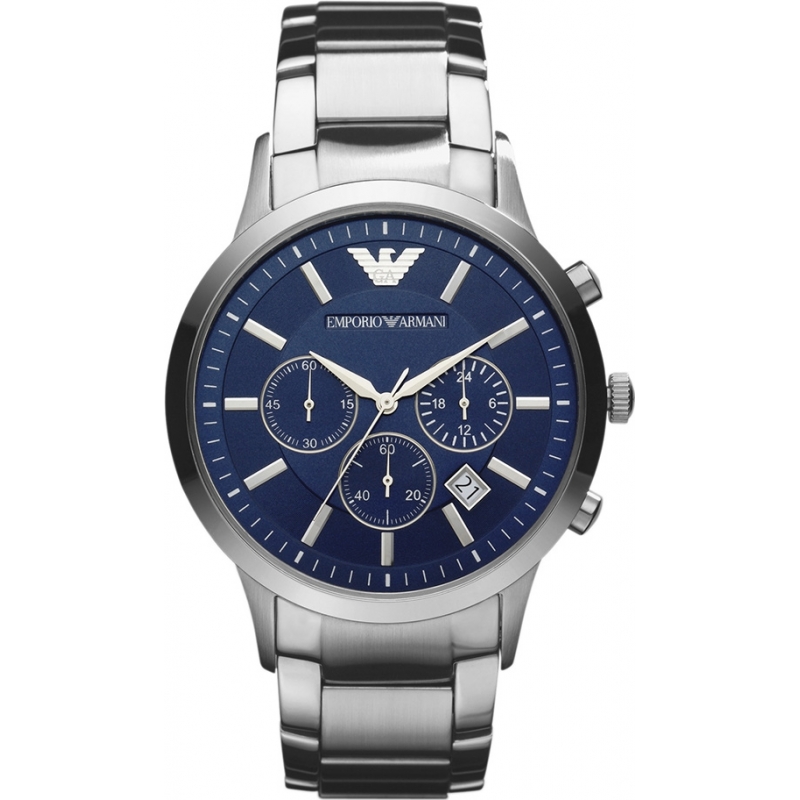 Emporio Armani Mens Blue Silver Chronograph Watch