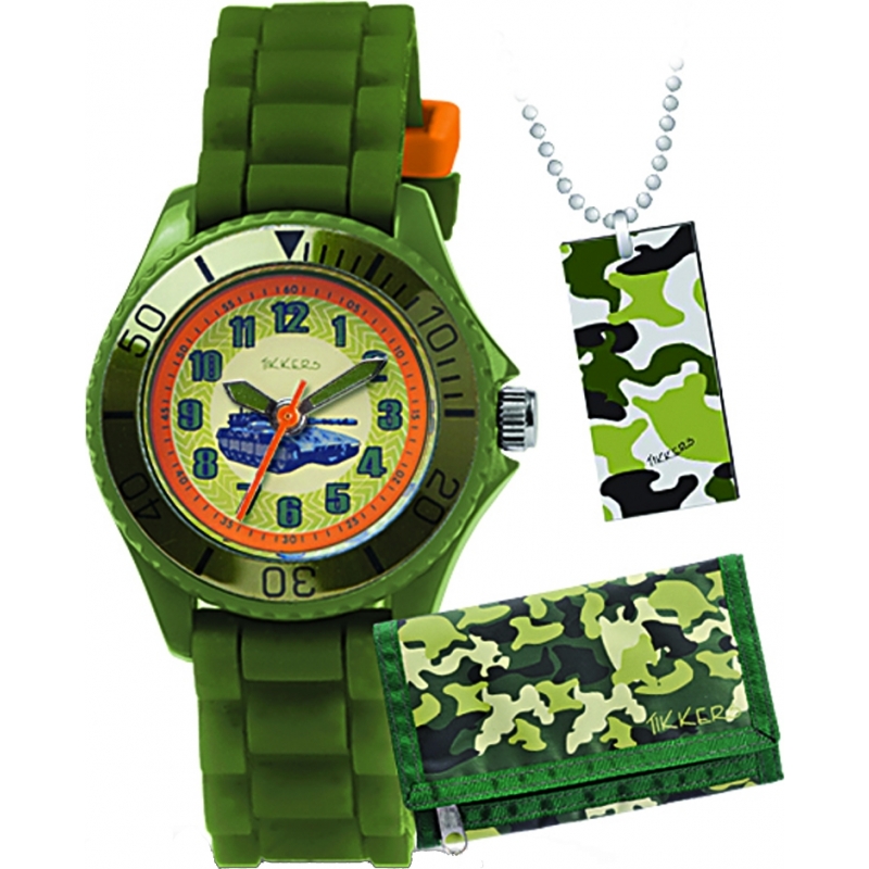 Tikkers Boys Tank Khaki Green Watch Gift Set with Wallet and Necklace