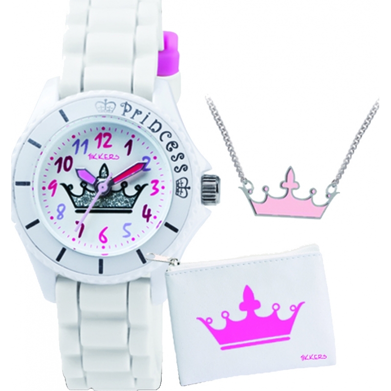 Tikkers Girls White Crown Watch Gift Set with Necklace and Purse