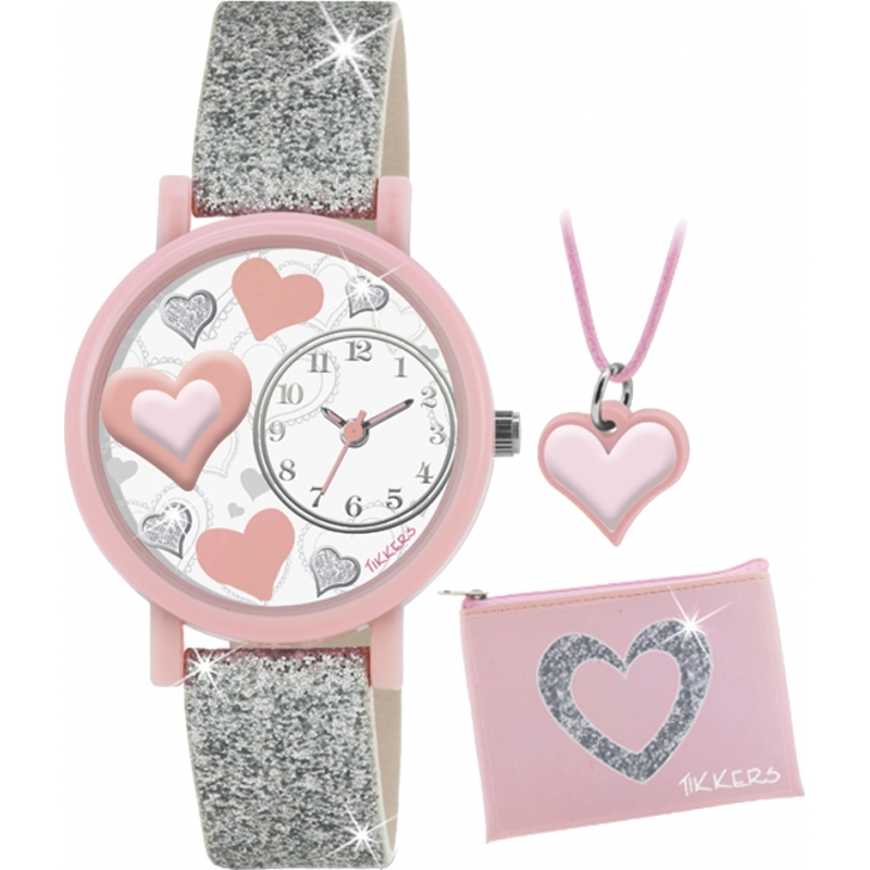Tikkers Girls Silver Glitter Heart 3D Watch Gift Set with Necklace and Purse