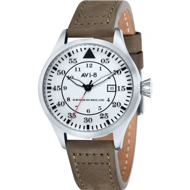 AVI-8 Mens Hawker Hurricane Army Green Leather Strap Watch