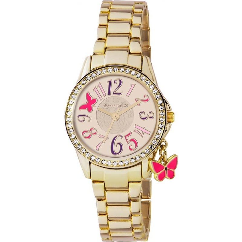 Accessorize Ladies Gold Bracelet Charm Watch with Stone Set Bezel