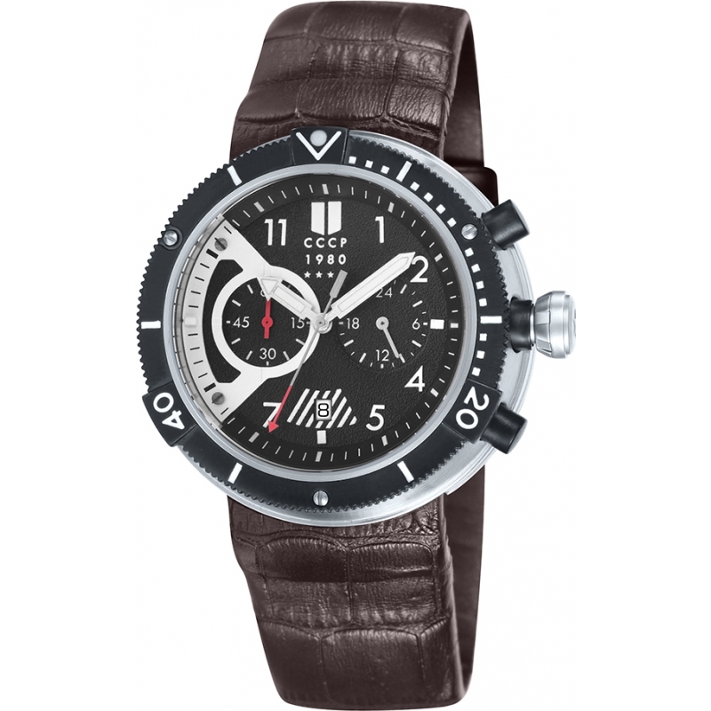 CCCP Mens Kashalot Submarine Black Brown Chronograph Watch