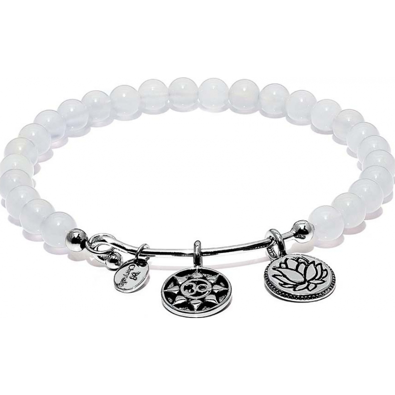 Chrysalis White Chalcedony Mantra Rhodium Plated Expandable Charm Bangle