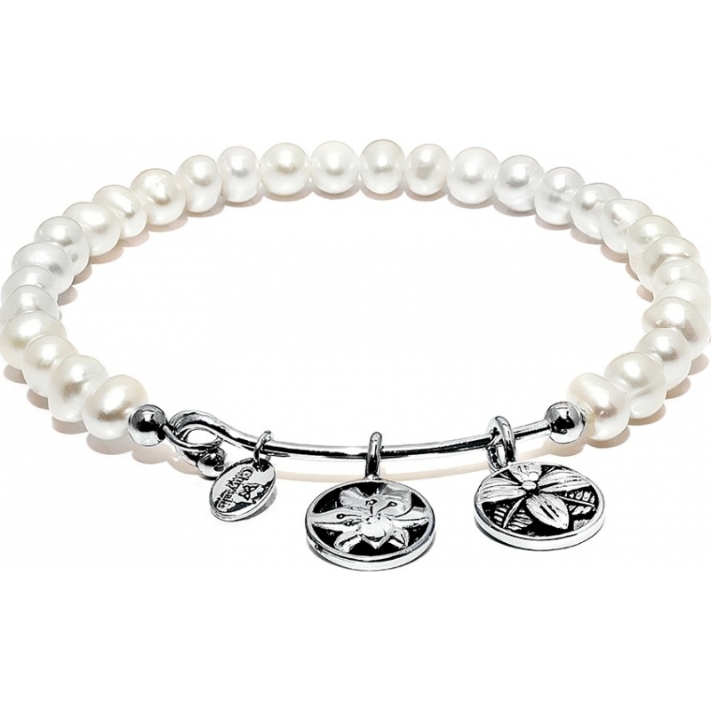 Chrysalis White Pearl Blossom Rhodium Plated Expandable Charm Bangle