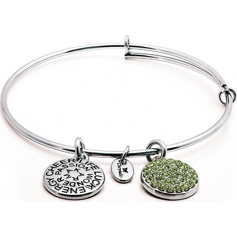 Chrysalis Rhodium Plated Expandable Bangle with Peridot Swarovski Crystals