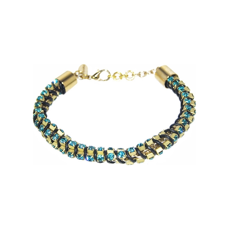 Nevine Crystals Triple Chain Leather Bracelet with Blue Swarovski Rhinestone