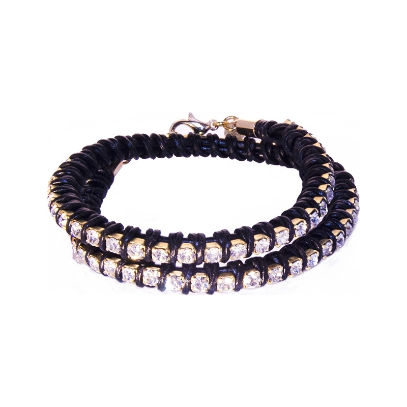 Nevine Crystals Double Wrap Black Leather Bracelet with Clear Rhinestones