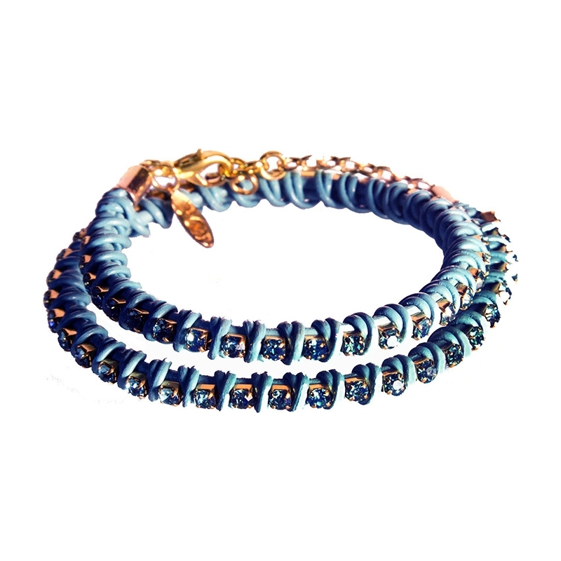 Nevine Crystals Double Wrap Turquoise Leather Bracelet with Blue Rhinestones