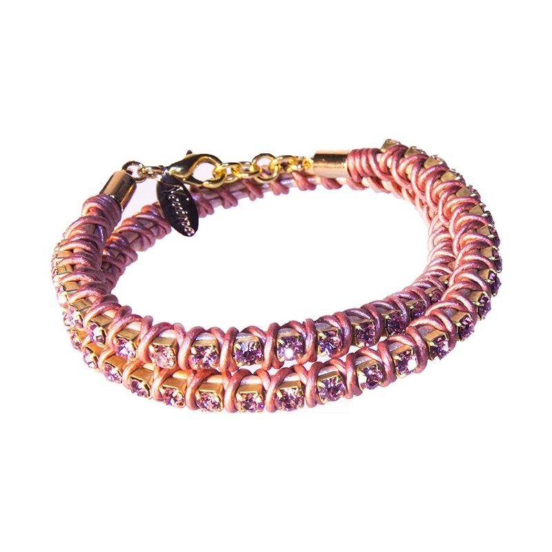 Nevine Crystals Double Wrap Met Champagne Leather Bracelet with Pink Rhinestones