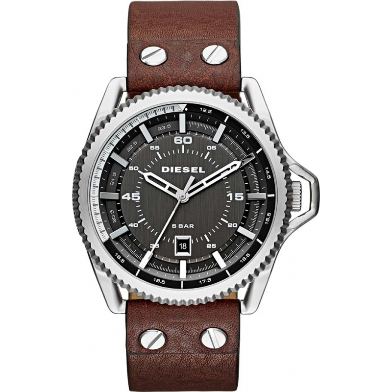 Diesel Mens Roll Cage Dark Brown Leather Strap Watch