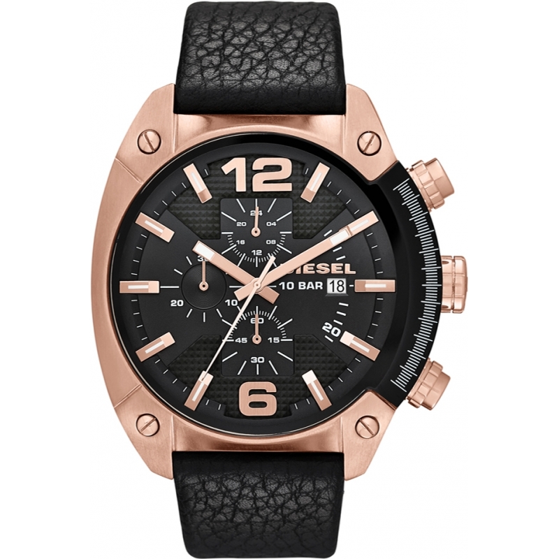 Diesel Mens Overflow Chronograph Black Leather Strap Watch