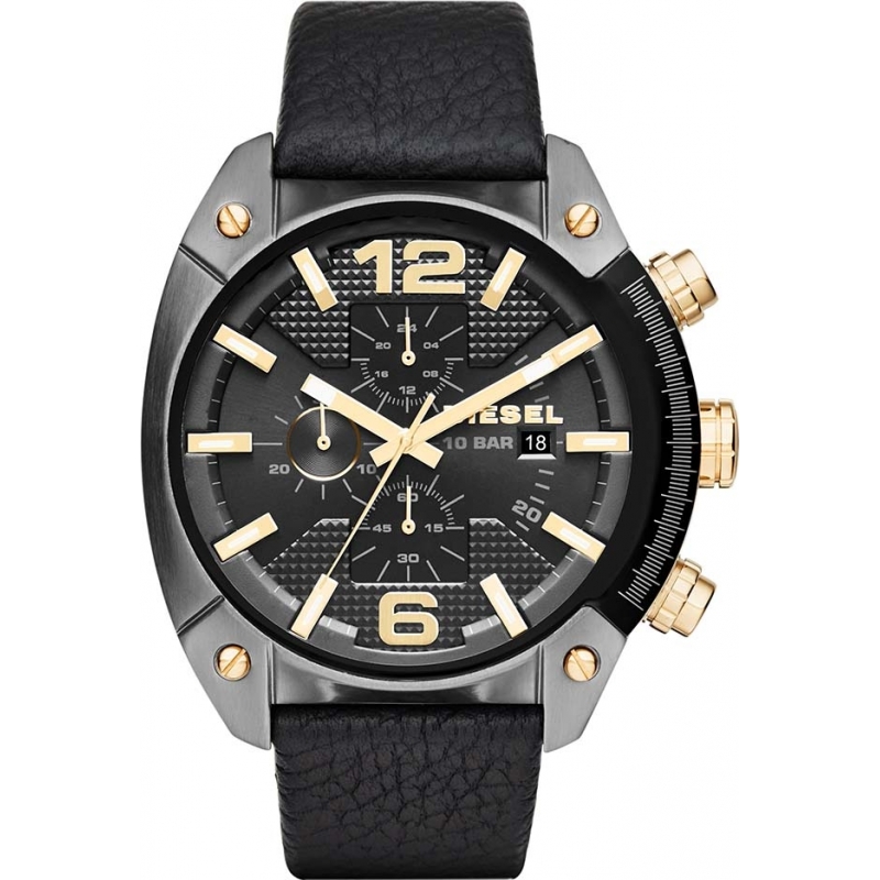 Diesel Mens Overflow Gun Plated Chronograph Leather Strap Watch