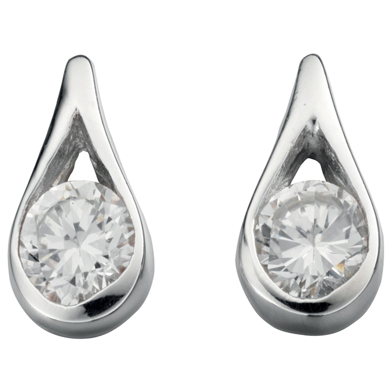 Charles Conrad Ladies Teardrop Shape Silver Earrings with a Round Stone