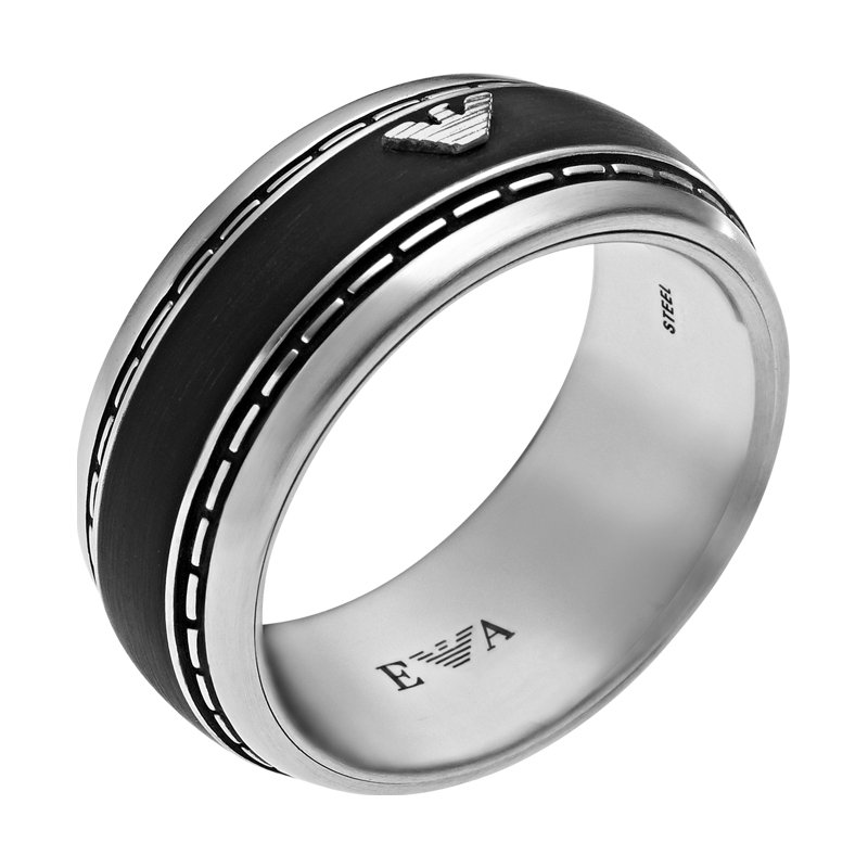 Emporio Armani Mens Sleek Velvet Iconic Size V Two Tone Steel Ring