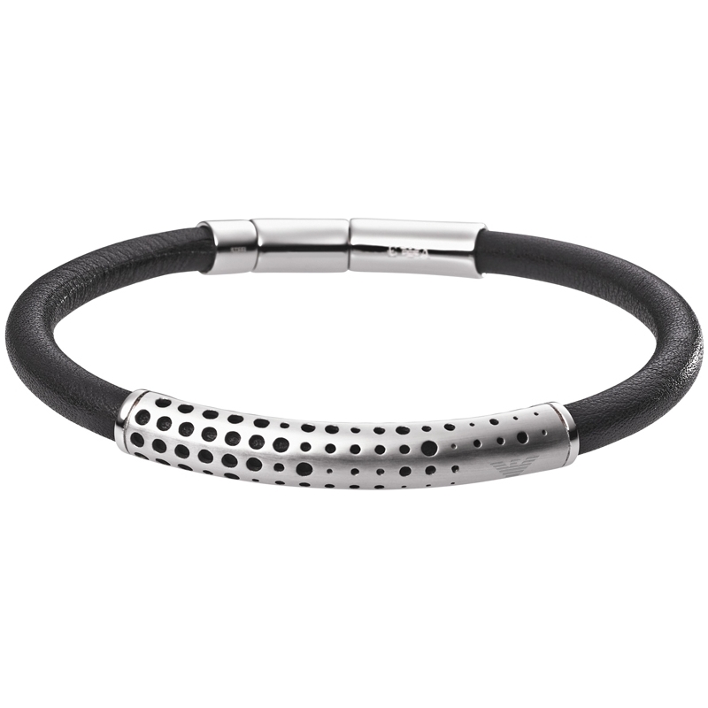 Emporio Armani Mens Macromicro Black Leather Bracelet with Steel Overlay