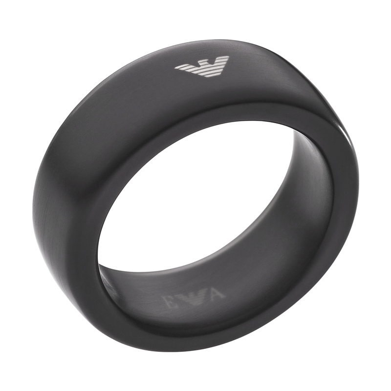 Emporio Armani Mens Stylish Urban Size U Black Steel Ring with Grey Transparent Epoxy