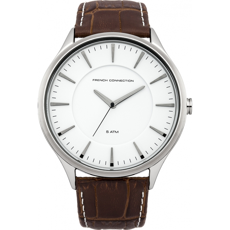 French Connection Mens White and Brown Leather Strap Watch