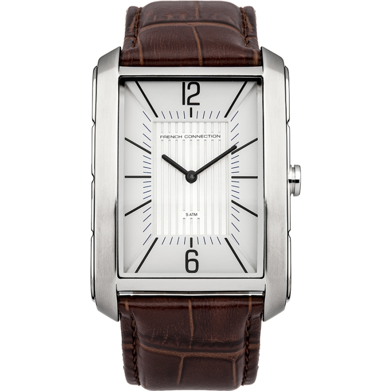 French Connection Mens White and Brown Leather Strap Watch