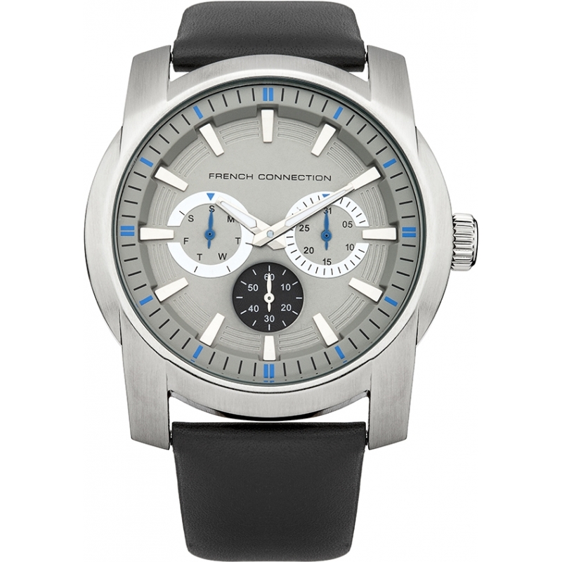 French Connection Mens Grey and Black Leather Strap Watch