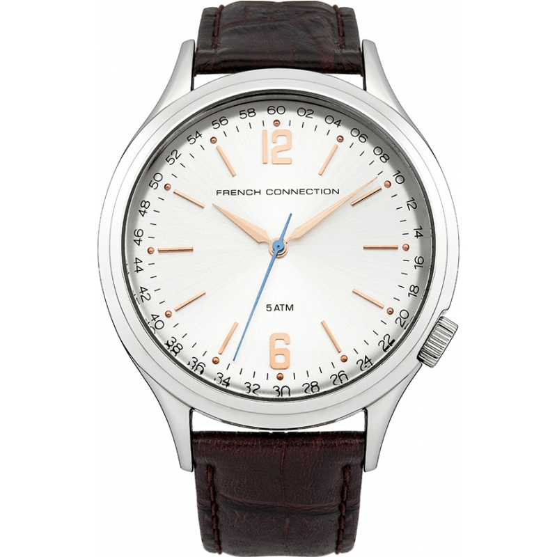 French Connection Mens Silver and Brown Leather Strap Watch