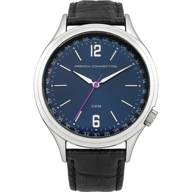 French Connection Mens Blue and Black Leather Strap Watch