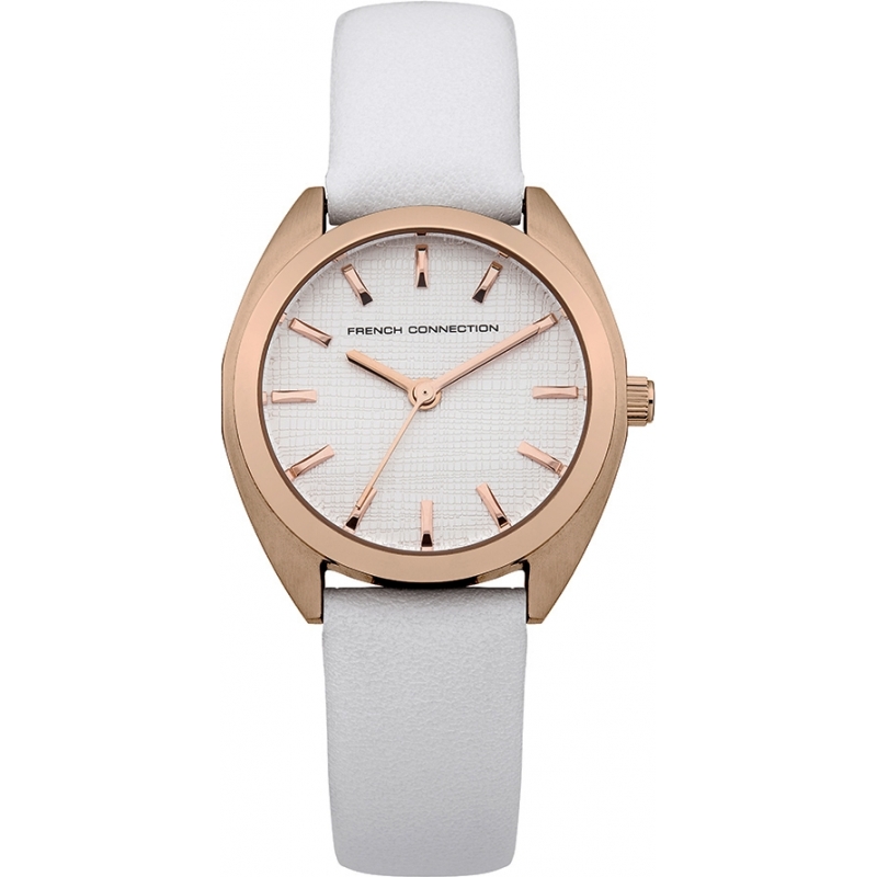 French Connection Ladies Silver and White Leather Strap Watch