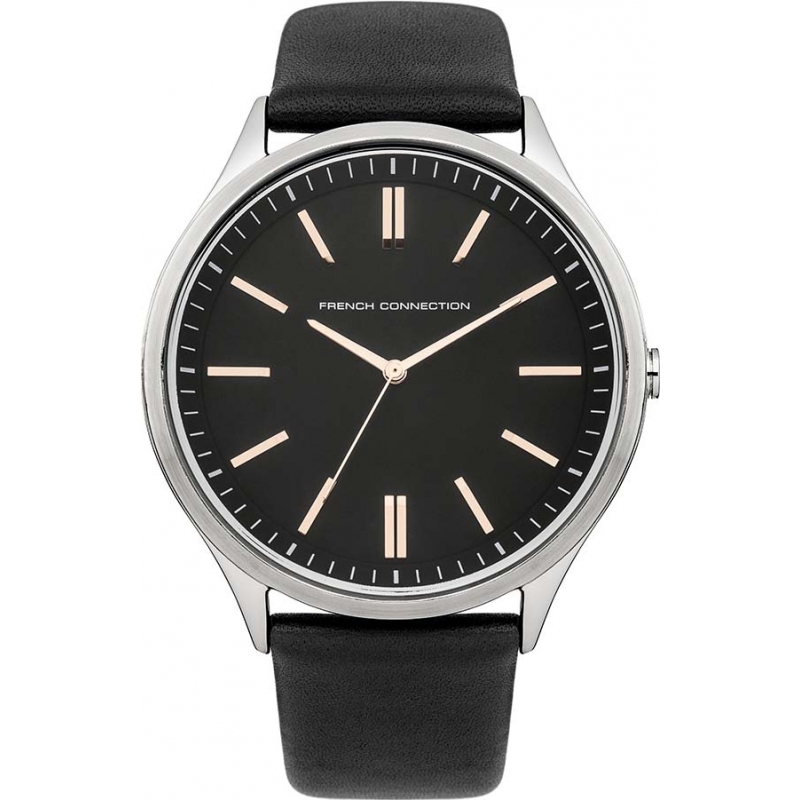 French Connection Mens Black Leather Strap Watch
