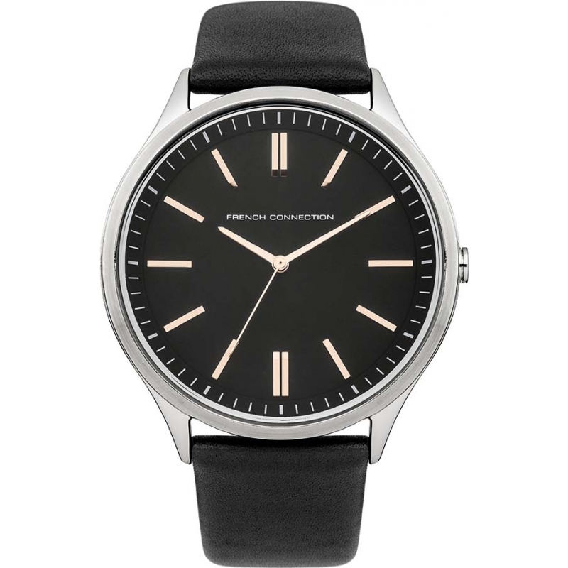 French Connection Mens Black Leather Strap Watch