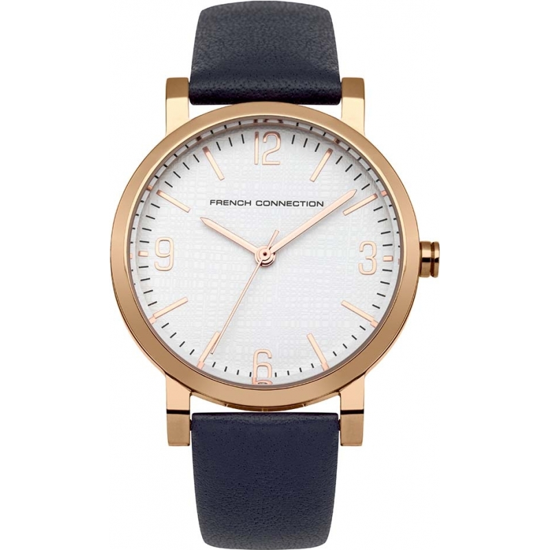 French Connection Ladies Rose Gold Blue Leather Strap Watch