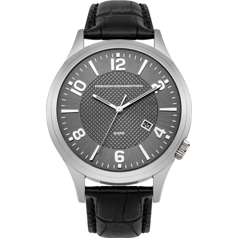 French Connection Mens All Black Leather Strap Watch